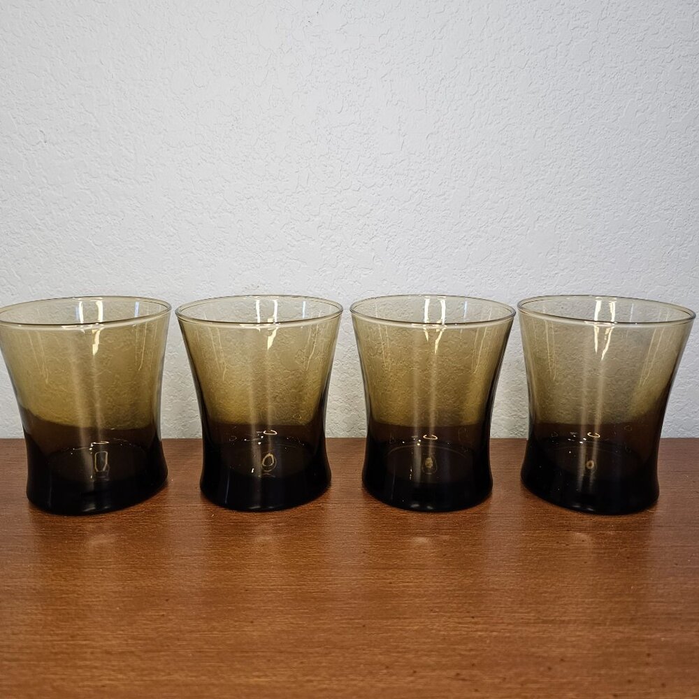 Mid Century Modern Smokey Brown Drinking Glasses Cups‎ Barware Set of 4